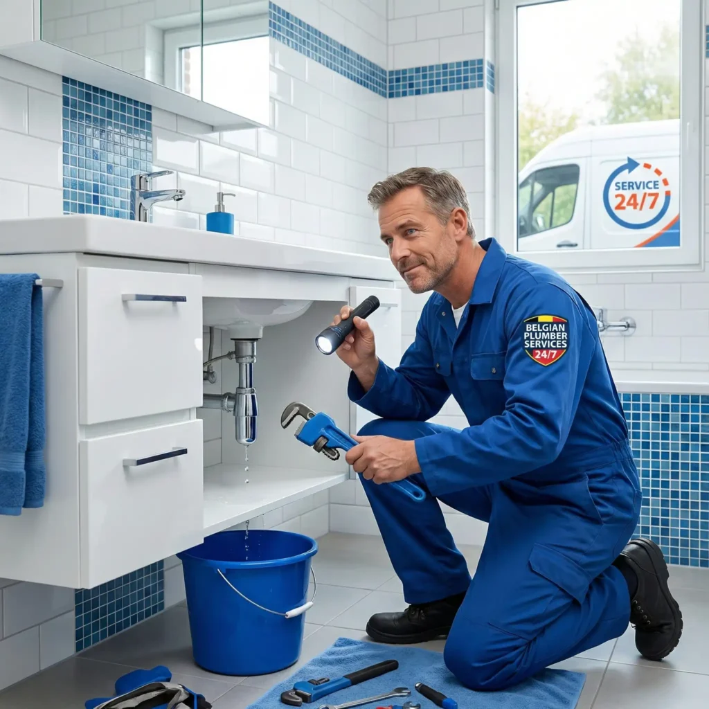 Plombier urgence Bruxelles en train de réparer une fuite d'eau sous un lavabo avec une lampe de poche et une clé à molette