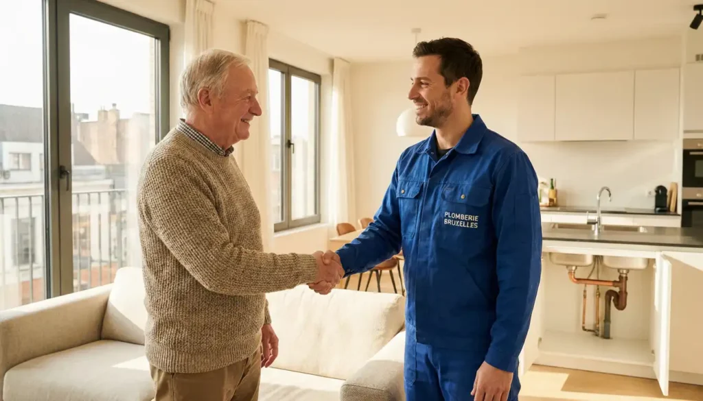 Plombier professionnel serrant la main d'un client après une réparation de fuite d'eau urgence Bruxelles