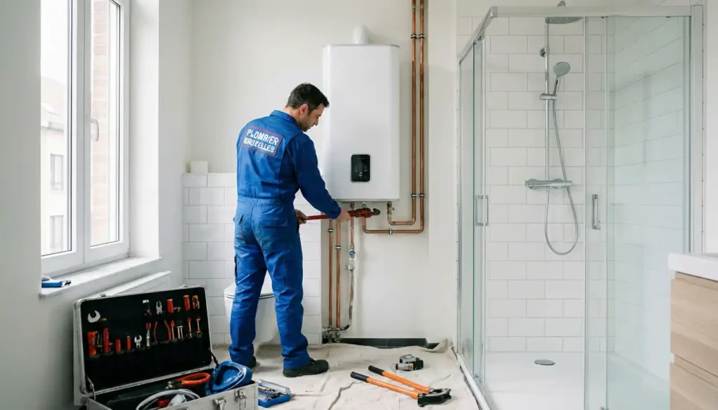 Plombier professionnel effectuant le remplacement d'un chauffe-eau mural dans une salle de bain à Bruxelles.