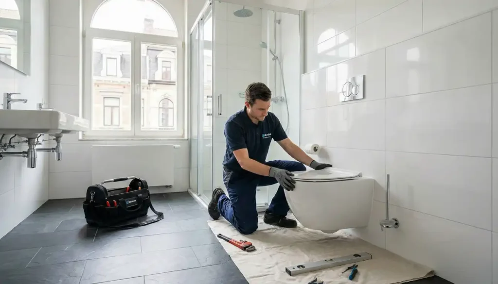 Professionnel réalisant une installation sanitaire à Bruxelles pour la pose d'un WC suspendu blanc dans une salle de bain moderne.