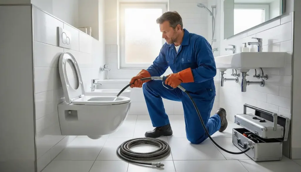 Plombier professionnel effectuant un débouchage WC à Bruxelles avec une machine à haute pression.