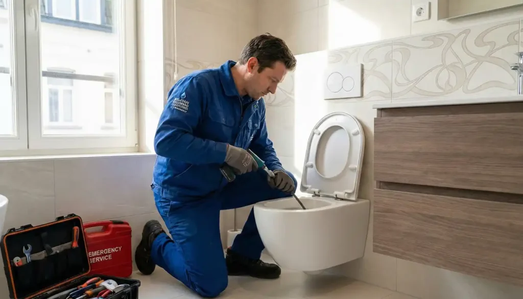 lombier professionnel effectuant un débouchage d'urgence à Bruxelles sur une toilette suspendue à l'aide d'un furet électrique.