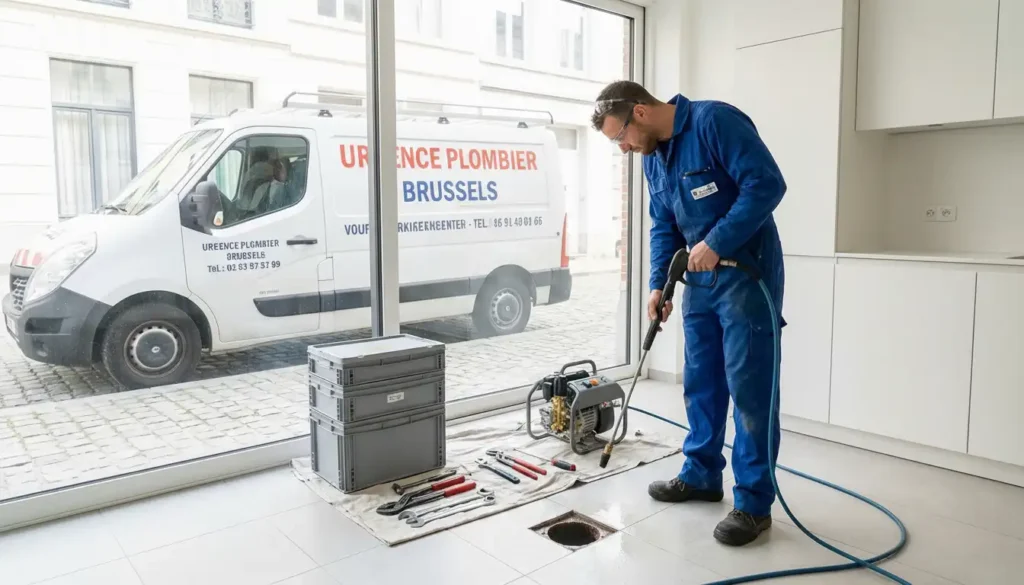 Un plombier professionnel effectuant un débouchage de canalisation à Bruxelles avec un hydrocureur haute pression devant son camion d'intervention.