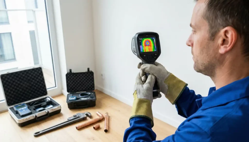 Technicien utilisant une caméra thermique pour une détection et réparation de fuite d'eau à Bruxelles.